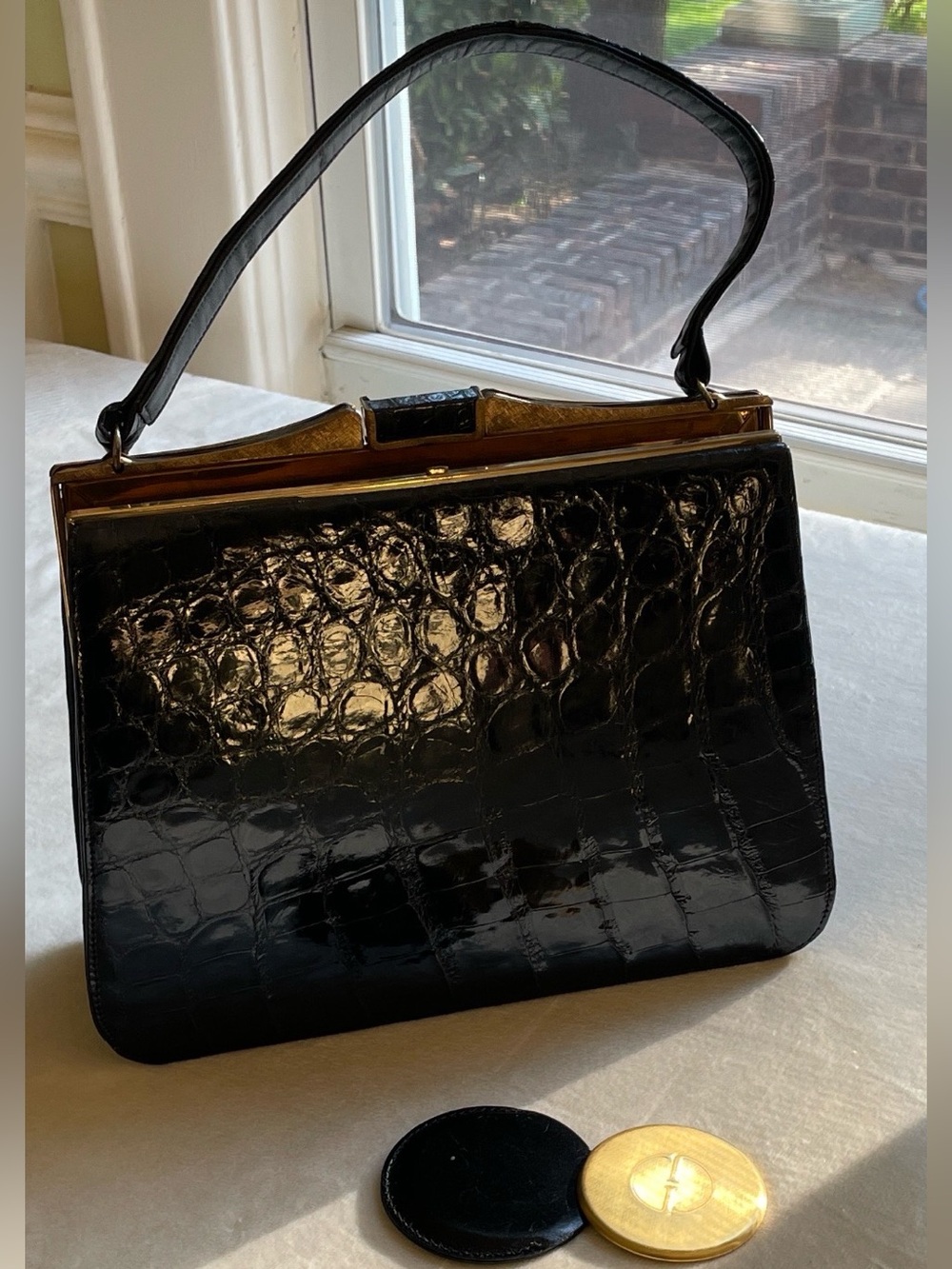 Bellastone  Black Crocodile Shoulder Bag with Gold Frame